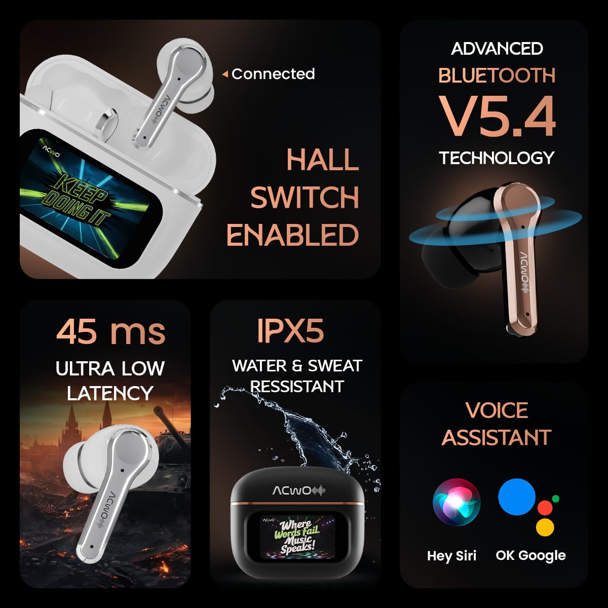 ACwO DwOTS Touch TWS in Ear Earbuds | Hd Touch Display | 32Db ANC | Transparency Mode | 50 Hrs Playtime | Ai-Enc Quad Mics | Find My Earphones | Bluetooth 5.4 | 4 Eq Modes | Golden Black 4