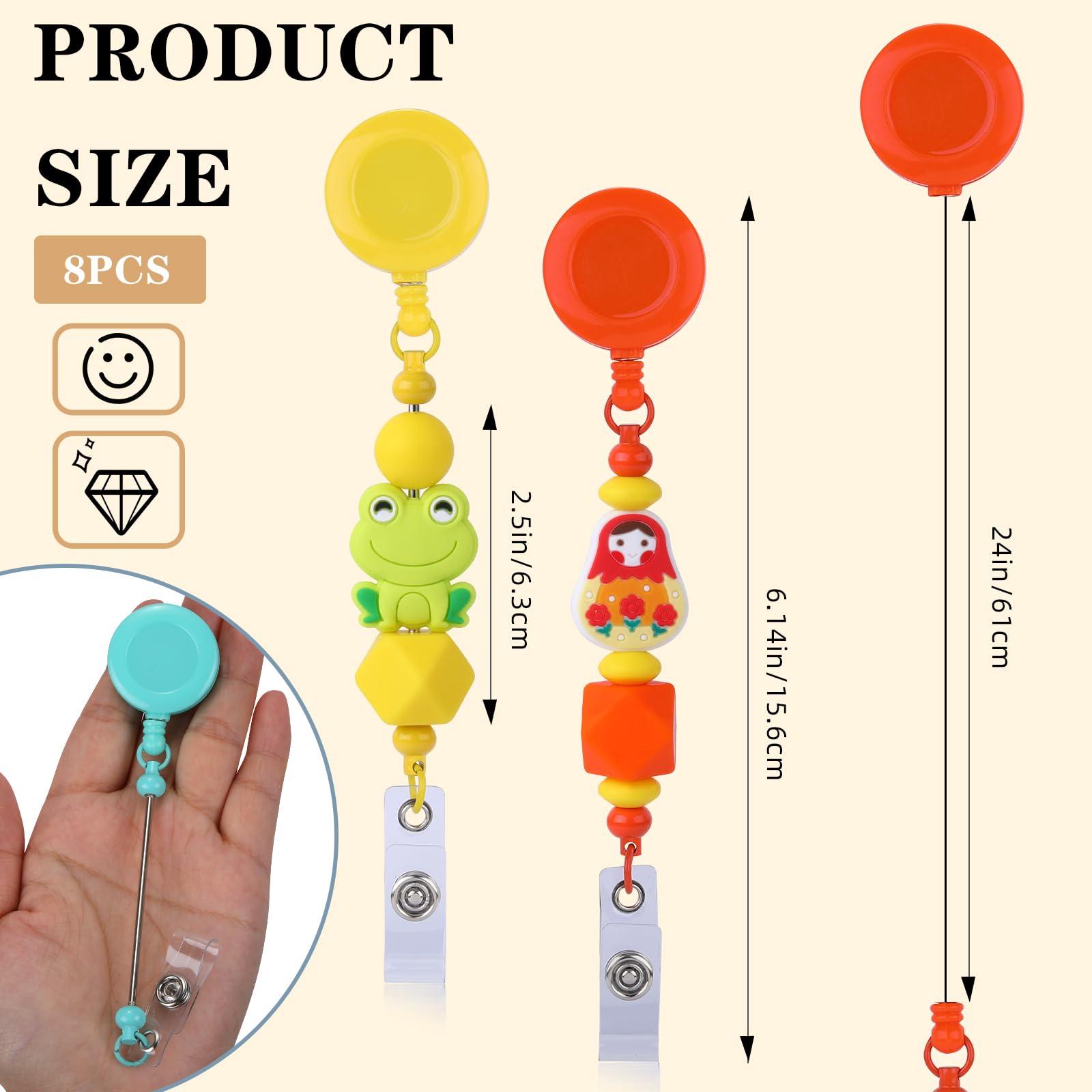 WEWAYSMILE 8pcs Silicone Bead Retractable Badge Holders, Retractable Nursing ID Badge Reels, Cute Lanyard Clip for Nurses Doctor Medical Studen Work Gifts (Mixed Colors) - Image 2
