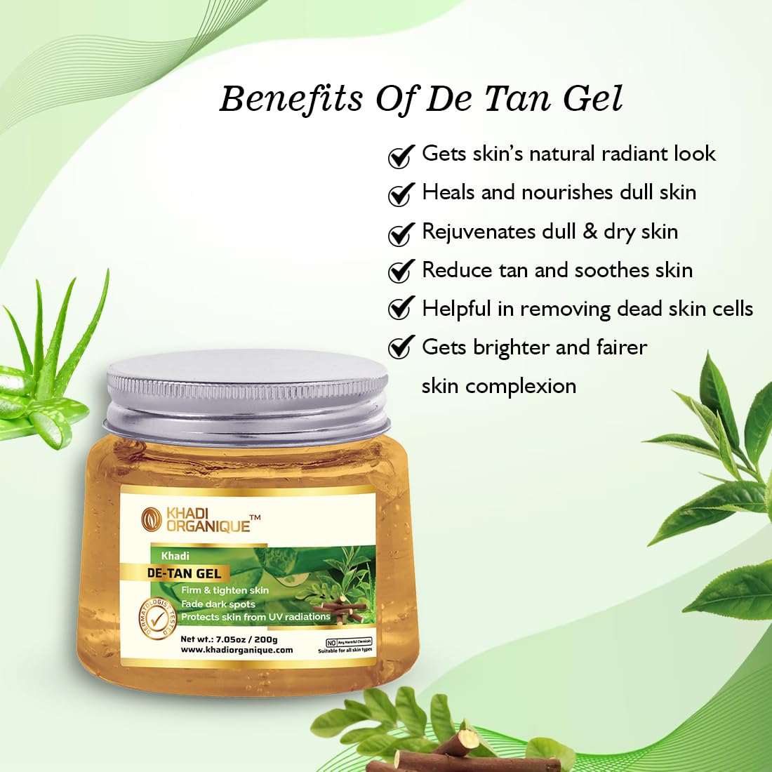 Khadi organic de-tan Aloe Vera gel with gel drugs, green tea and algae to lighten sun tan, dark spots and acne. Deep Hydrating Tan and Dulneness Removal Aloe Vera Jail | Best for all types of all types - 200 grams Khadi organic de-tan Aloe Vera gel with gel drugs, green tea and algae to lighten sun tan, dark spots and acne. Deep Hydrating Tan and Dulneness Removal Aloe Vera Jail | Best for all types of all types - 200 grams