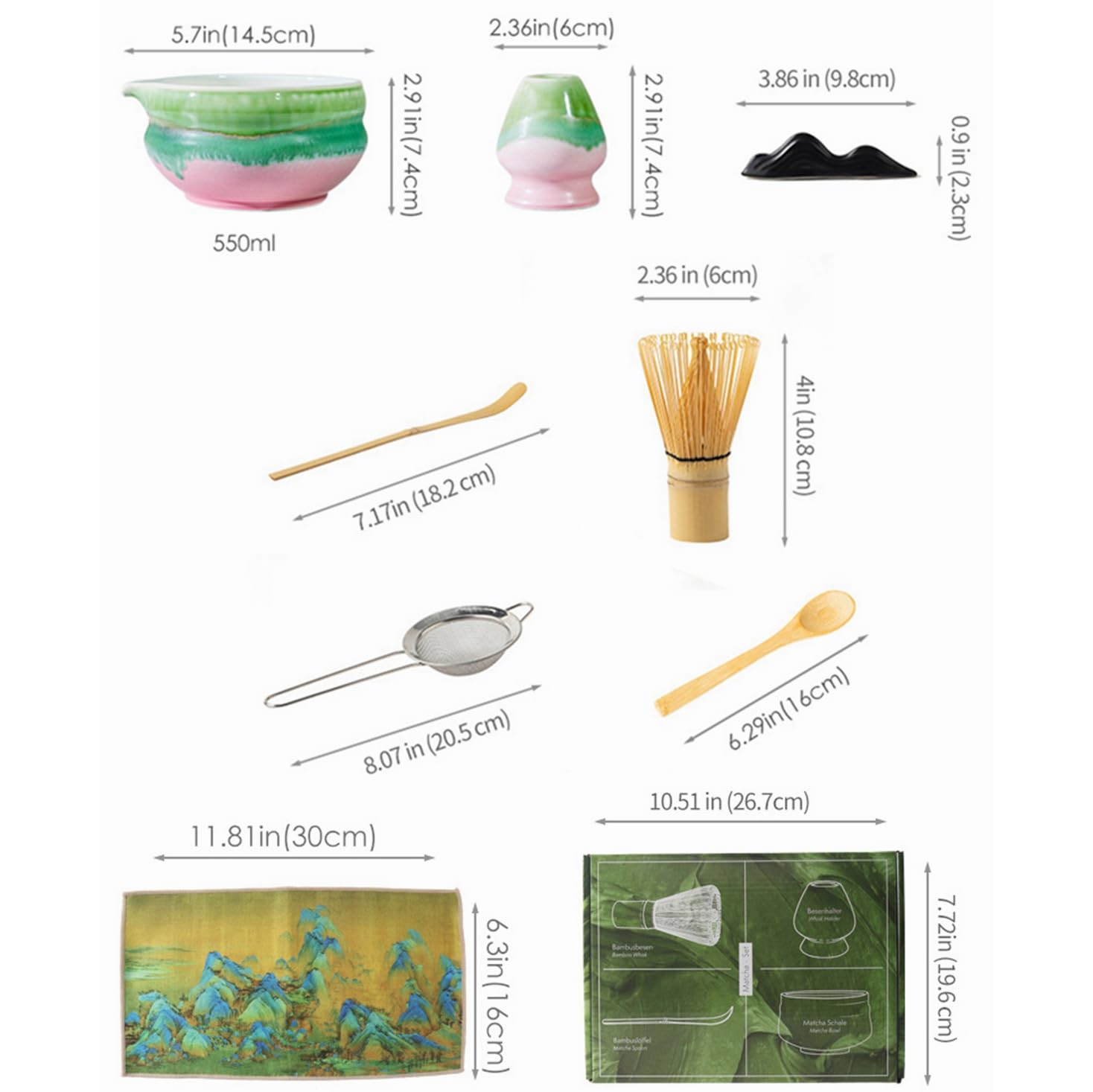Juego de 8 batidores de matcha con caja de regalo, juego tradicional de ceremonia de té japonés, juego de cuencos de cerámica esmaltada para cambiar el horno, juego de cuencos de matcha a rayas