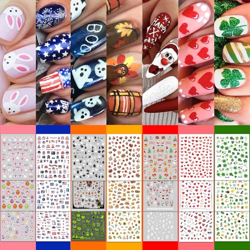 30 Sheets 7 Holiday Nail Art Stickers Mixed Season Nail Decals Set for All Year 3D Self-Adhesive Pegatinas Uas Easter 4th of July Halloween Thanksgiving Christmas Valentines St. Patricks Day