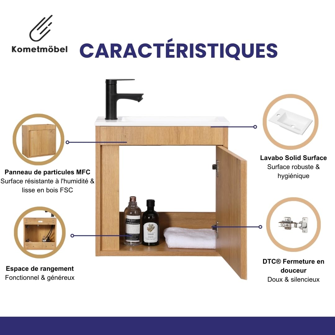Meuble Lave Mains WC Meuble lavabo 50cm déjà monté (Chêne 50cm, sans Mitigeur)