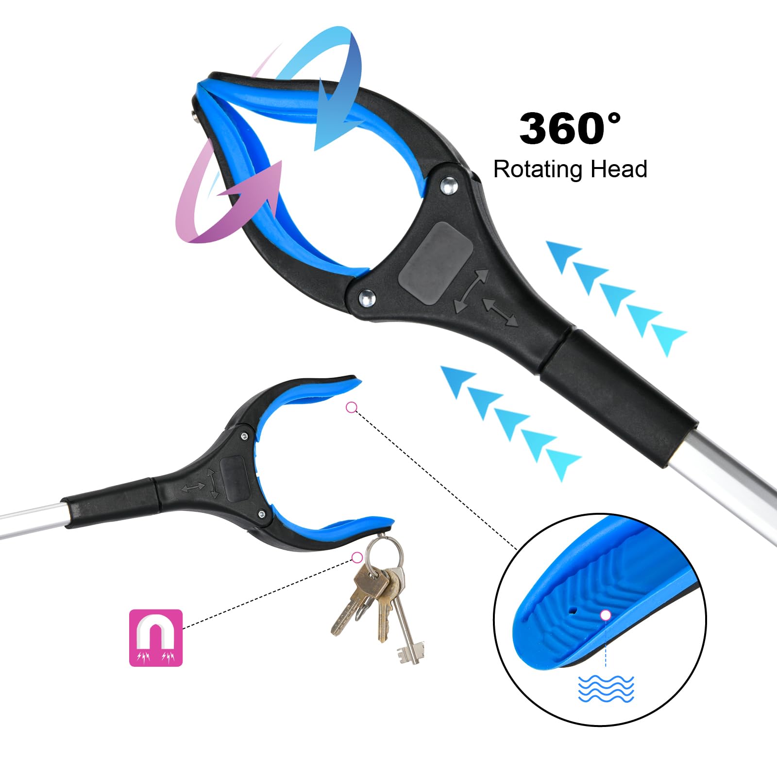 Greifhilfe, 81,3 cm, 360° drehbarer Kopf, breite Backe, faltbarer Greifer, Greifwerkzeug, rutschfest, 10,2 cm breite Klauenöffnung, Greifer für Senioren (blau), 6 Stück