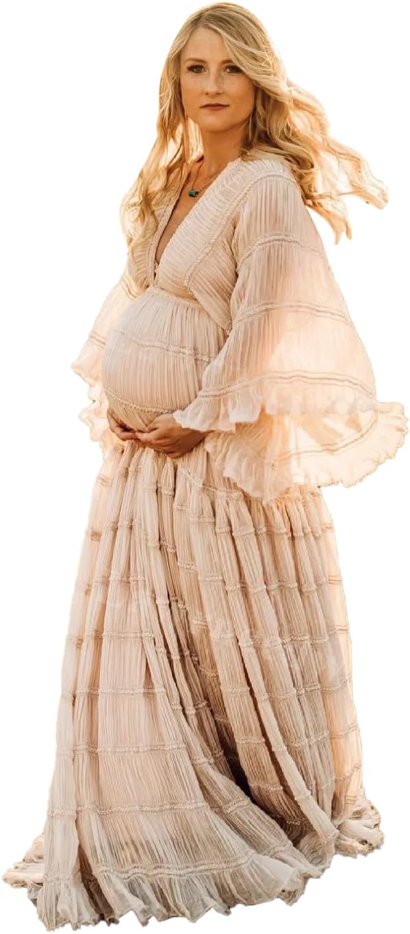 Tulle Maternity Robe for Photoshoot V Neck Long Sleeve Pregnancy Baby Shower Dress Puffy Slit Bridal Lingerie