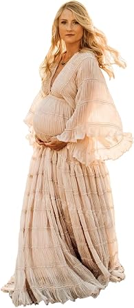 Tulle Maternity Robe for Photoshoot V Neck Long Sleeve Pregnancy Baby Shower Dress Puffy Slit Bridal Lingerie