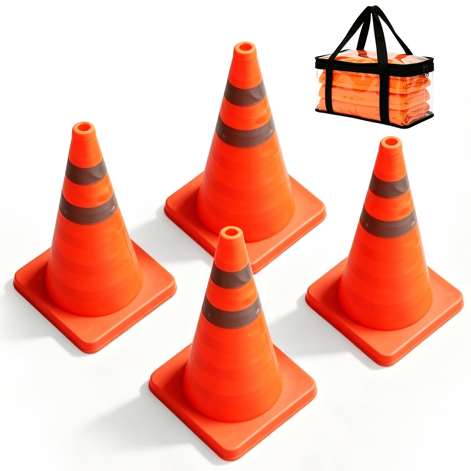 Lot de 4 Cone de Signalisation Pliable, 45 cm Plot de Chantier avec Bandes Réfléchissantes Pop up Cones De Sécurité pour Travaux Régulation du Trafic Parking Signalisation Routière avec Sa