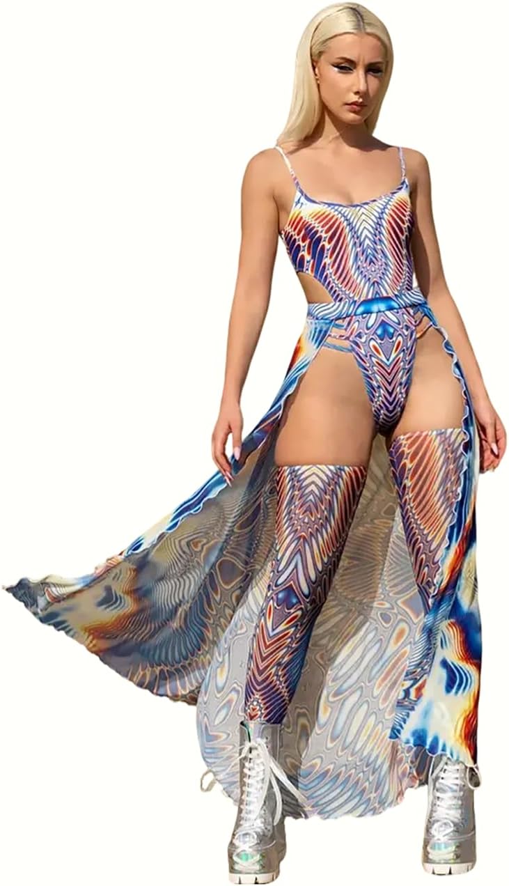 Women's Psychedelic Rave Set – Iridescent 3 Piece Bodysuit with Mesh Split Skirt & Thigh Highs for Festival Party