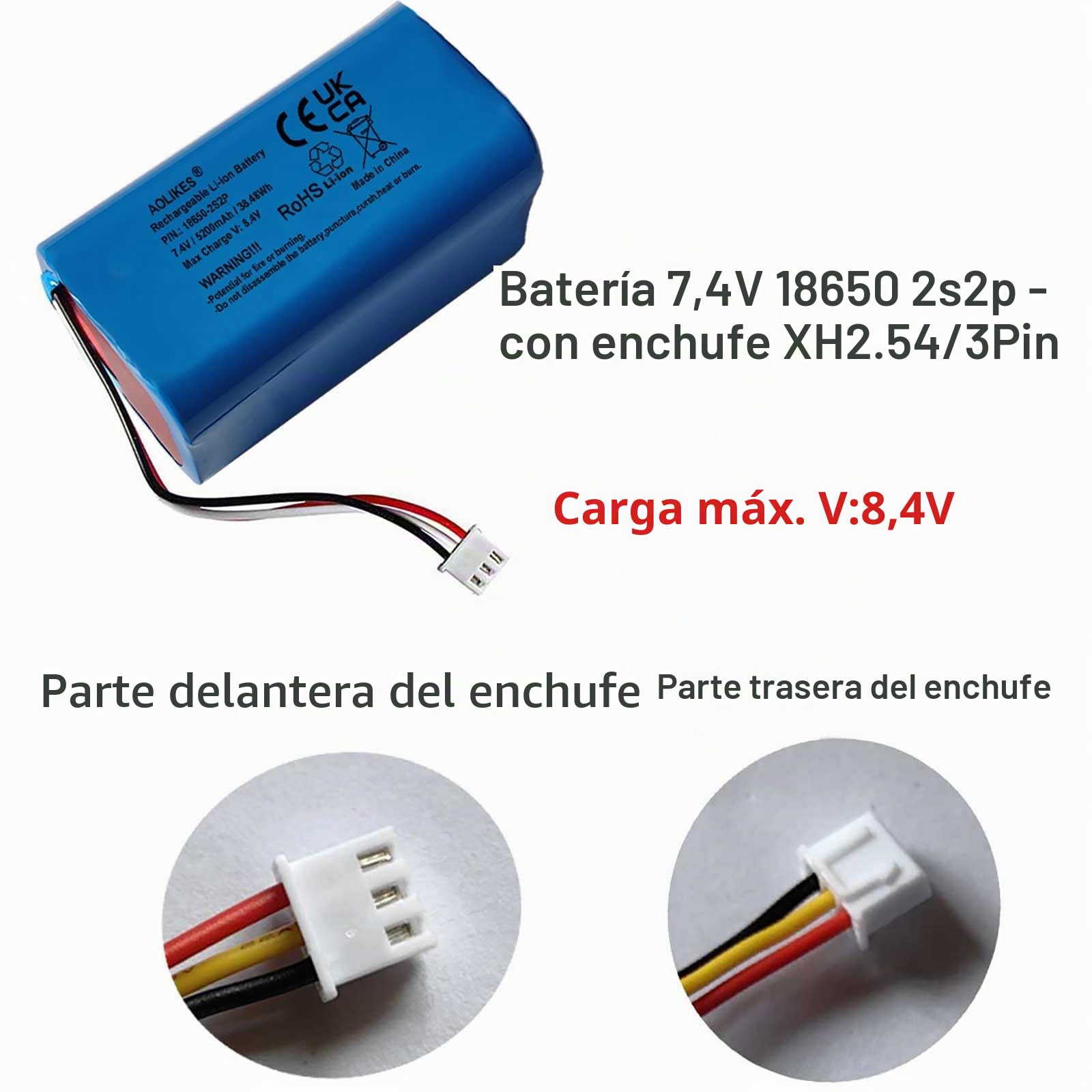 AOLIKES 18650 2s2p 5200mAh 7.4V batería recargable de iones de litio con conector XH2.54/3P conector macho / celdas 5C / admite carga rápida