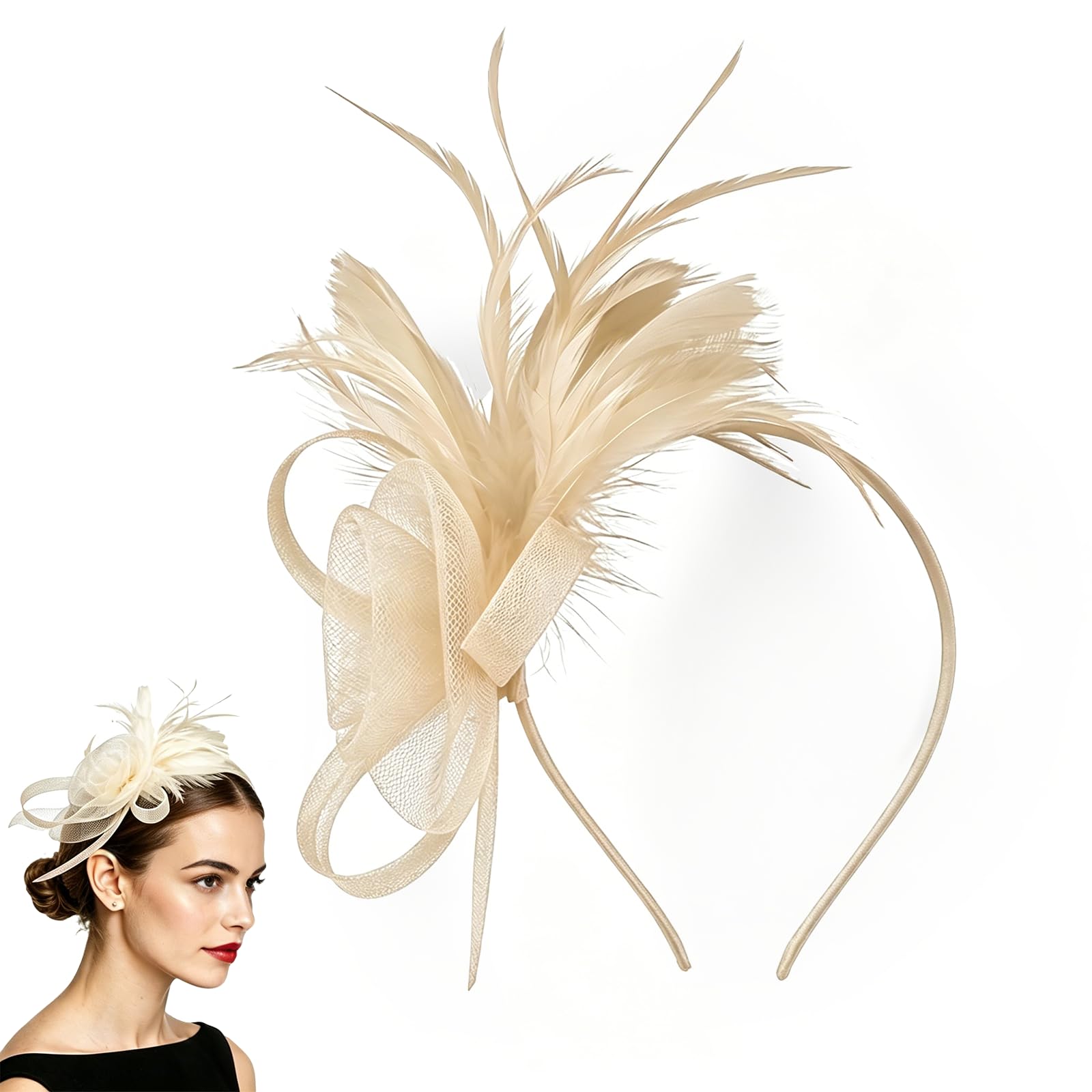 Chersun Fascinators for Women, Elegant Net Fascinator Wedding Hat Clip, Vintage Lace Feather Fascinators for Weddings, Fascinator for Wedding Cocktail Evening Garden Tea Party (Champagne)