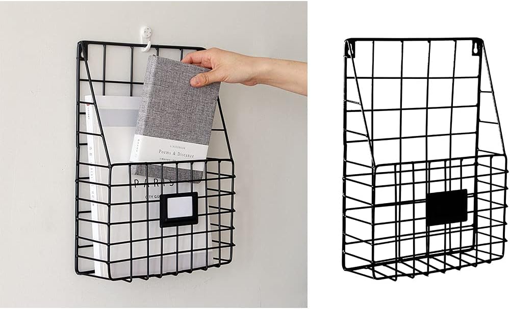 Mail Organizer Wire Basket Wall Mounted File Holder Hanging Document Foyer Storage Shelf Mail Organizer Wire Basket, Black
