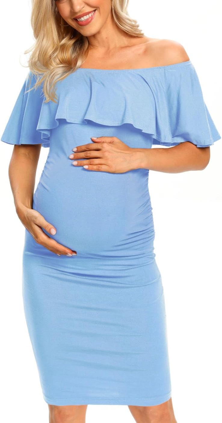 Ruffle Off Shoulder Maternity Dress Ruched Side Bodycon Pregnancy Dress for Baby Shower/Photography - Image 3