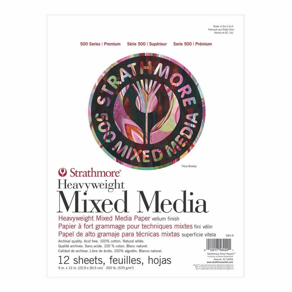 Strathmore 500 Series Heavyweight Mixed Media Pad, 350lb/570gsm Weight Paper, 100 Percent Cotton, 9 x 12 inches, 12 Sheets (584-9)