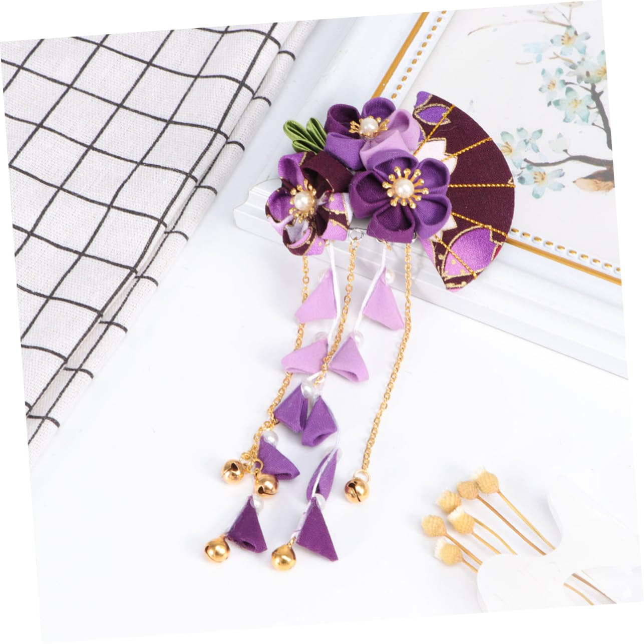 MAGICLULU 3 Piezas horquillas de flores pinza para el cabello con abrazadera lateral horquillas de flor de kimono con borla light hair clips pasador de pelo pasadores de pelo dulce Porcelana