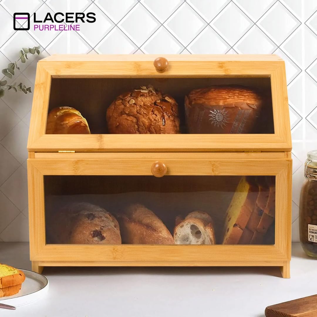 Lacers PURPLELINE Brotkasten aus Bambus mit 2 Etagen & Sichtfenster - Großer Brotbehälter für die Küche - Nachhaltige Brotbox zweistöckig zur Brot-Aufbewahrung, Holz-Brotkiste 39,5x25x32 cm