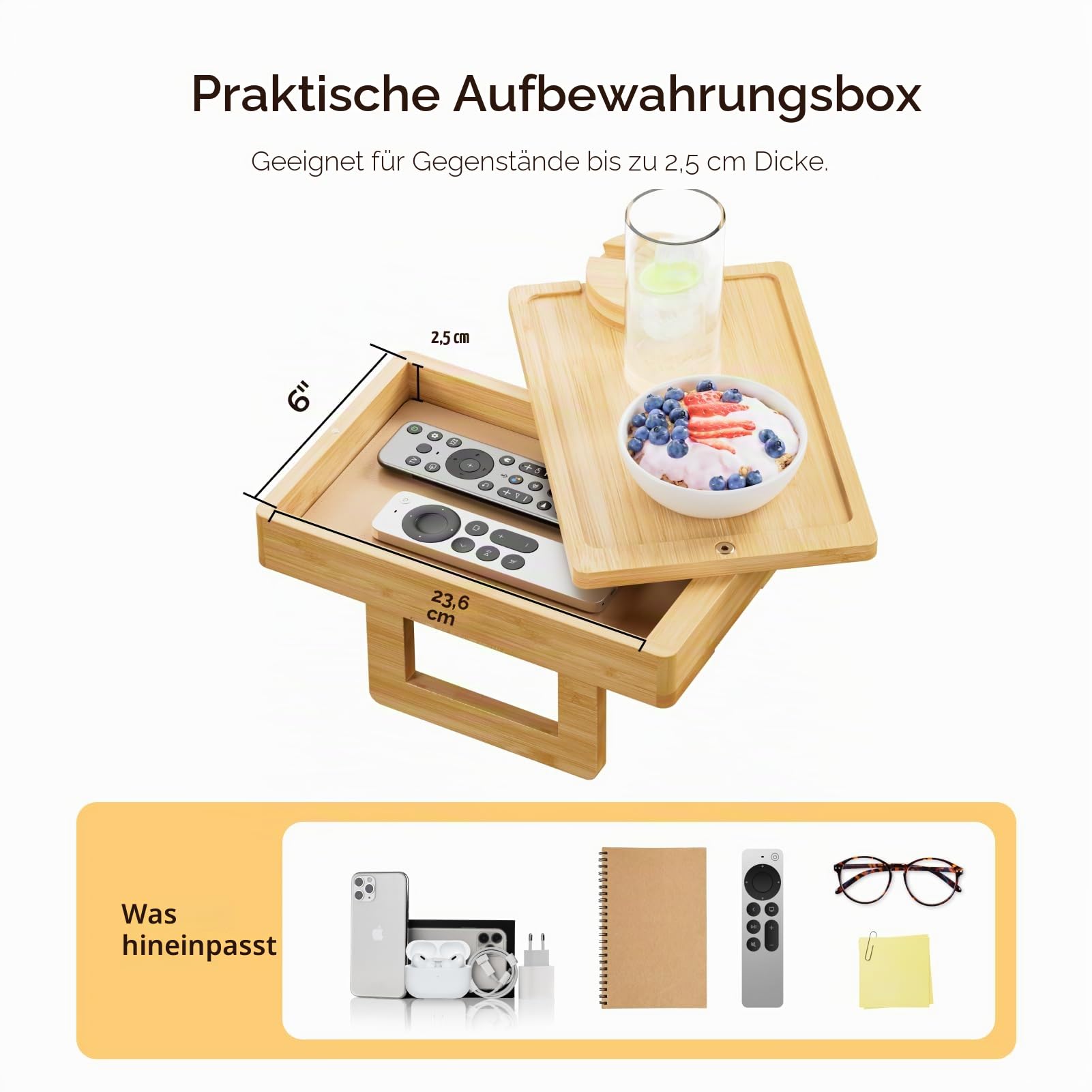 Wealone Mini Sofatablett, Couch Ablage für Armlehne mit Aufbewahrungsbox, Sofa Armlehnen Tablett, 360° Drehbarem Handyhalter, Bambus Tablett für Getränke, Snack, Armlehne ≤18 cm Breit