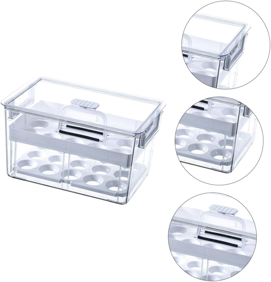 Transparent Egg Storage Bin for Refrigerator Stackable Organizer with Detachable Sections Compact Design and Drainage Compartments for Freshness Preservation