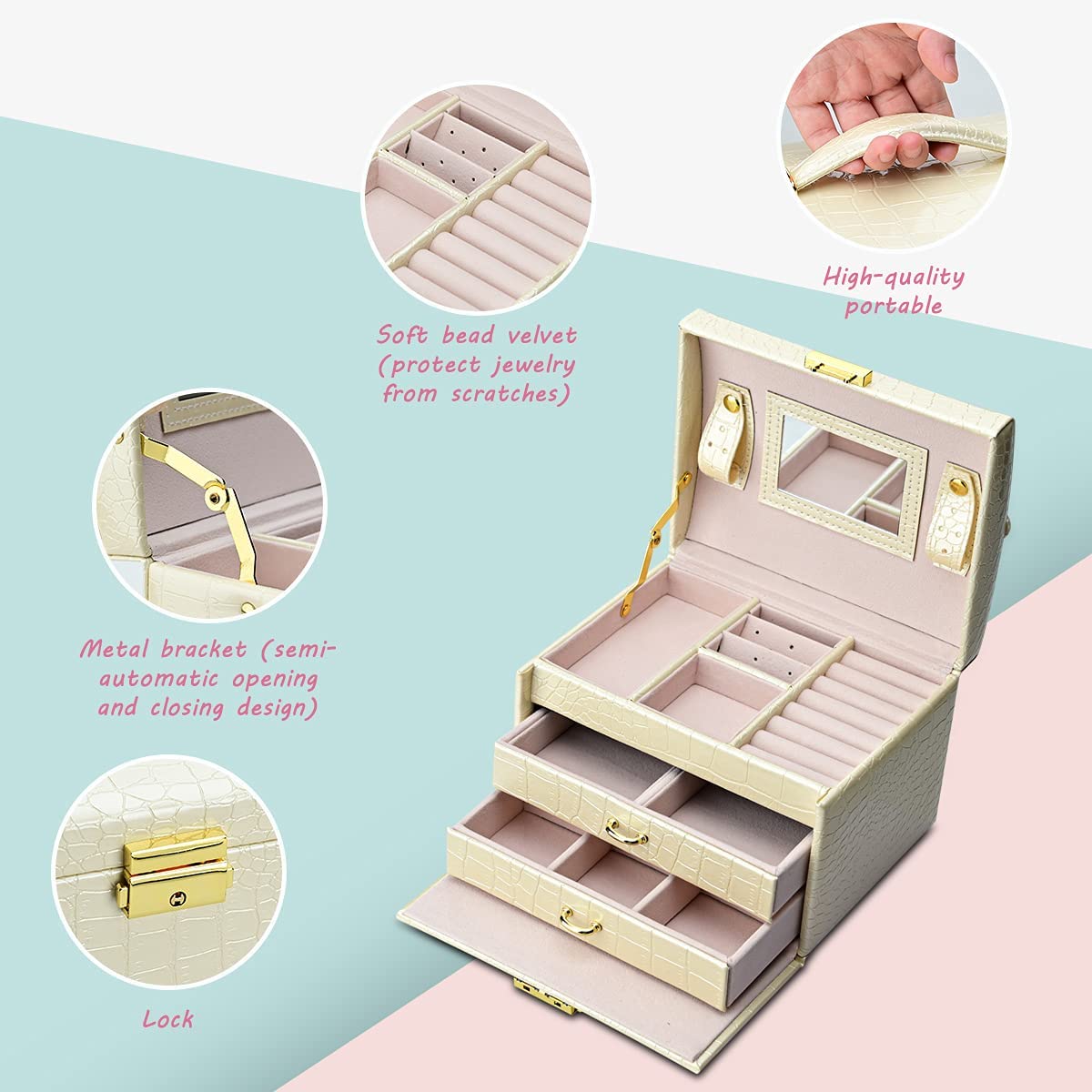 Scatola Portagioie 3 Livelli Con Lucchetto - Regalo Per Donna - Include Panni Per Lucidare E Biglietto Auguri - Foto 8