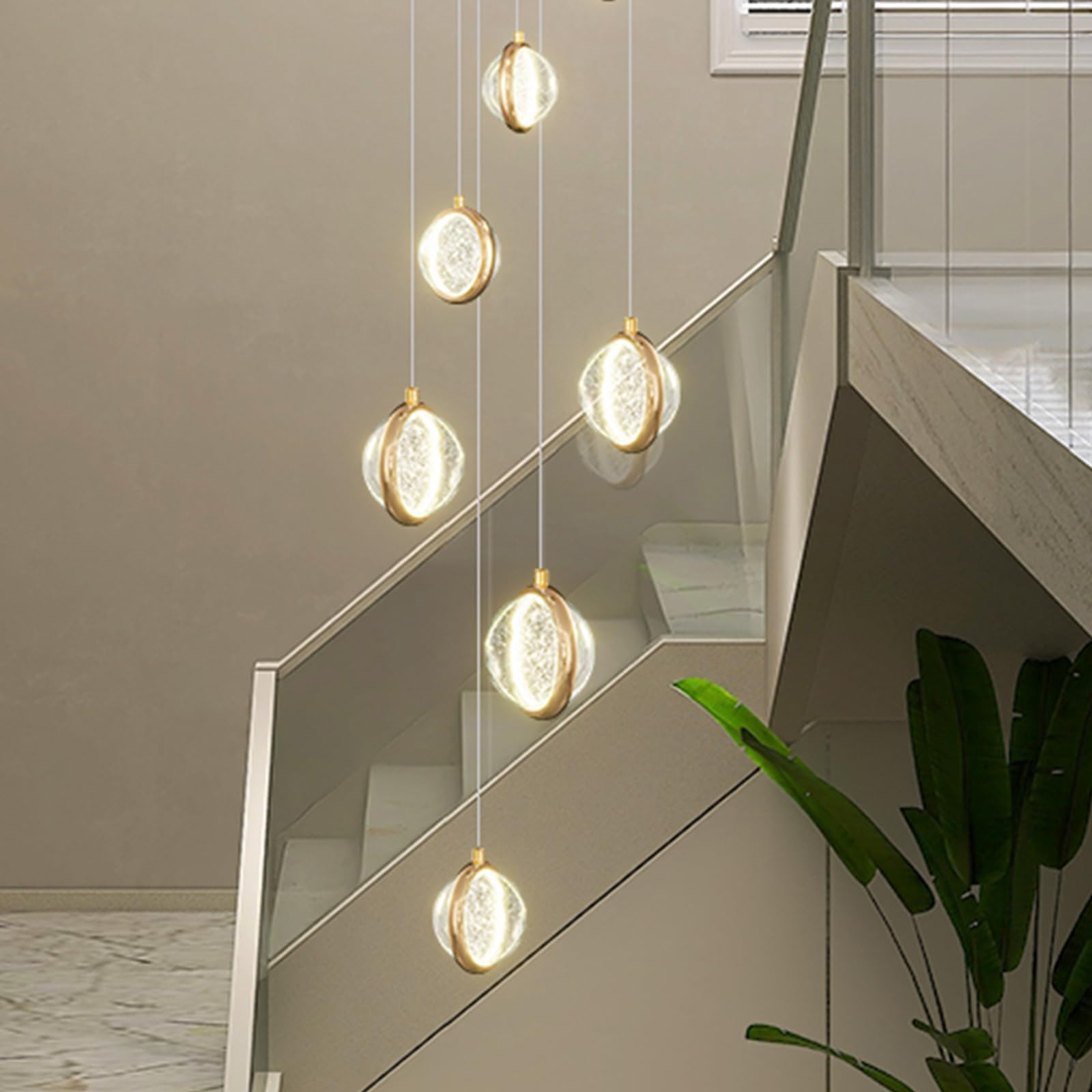 HMASNSEIY Ceiling Lamp Pendant Light Stair Lamp Chandelier Glass Ball Led Chandelier, Staircase Pendant Light Long Hanging Lights Adjustable Length Stairwells and Livin,5 heads-6 heads(6