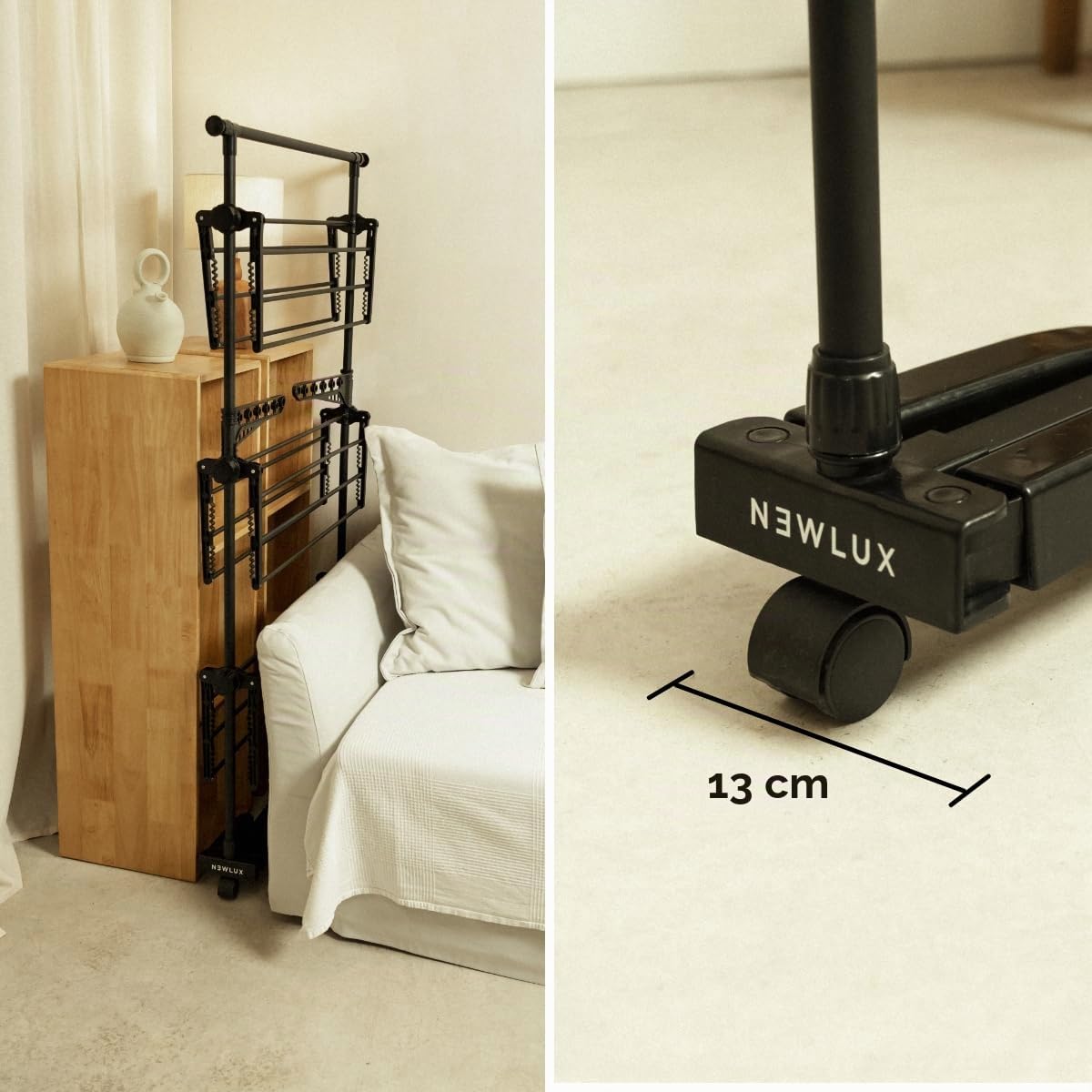 NEWLUX- Wäscheständer ausziehbar Fold Care V60 XXL Schwarz mit Rollen, 5 Doppelebenen und 18–21 m Wäscheleine. Clothes Drying Rack mit Halterung für Kleiderbügel und 1,5 m Lange Kleidungsstücke
