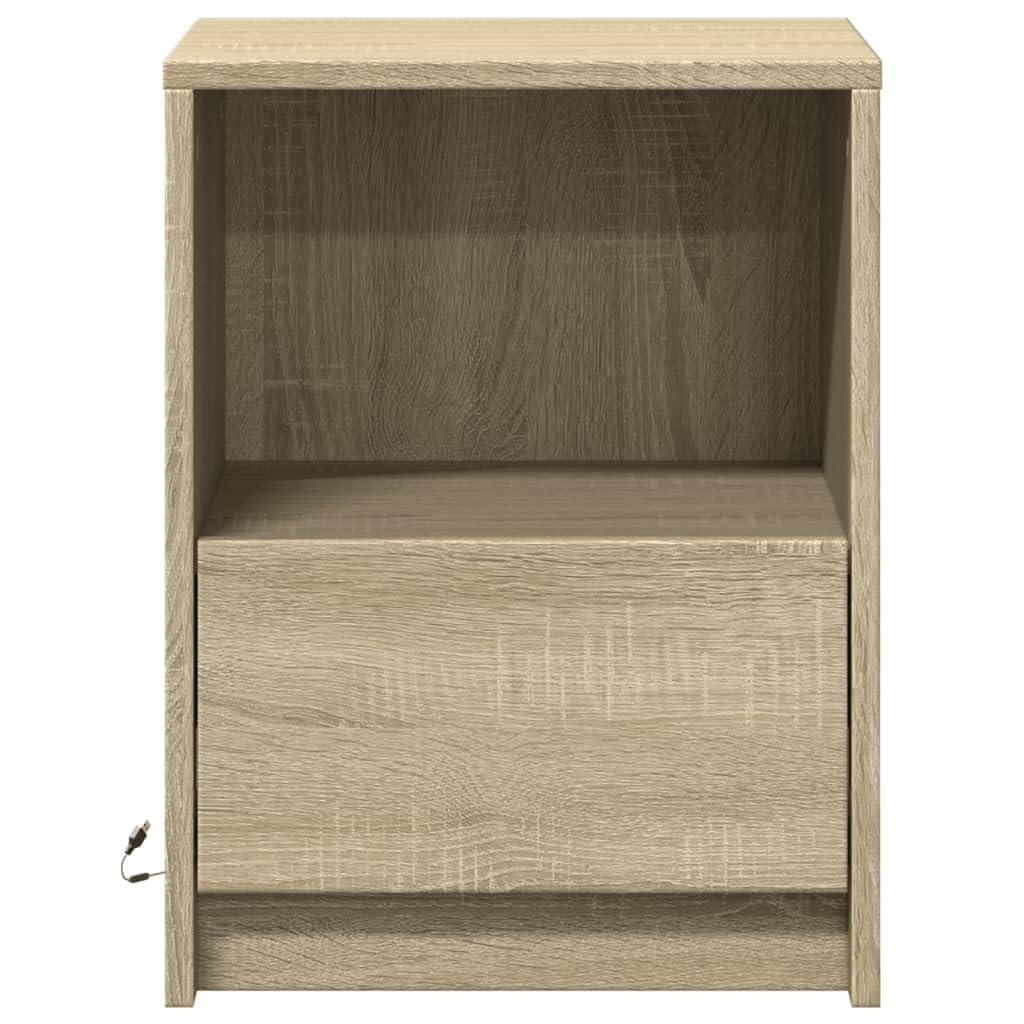 Juego de 2 mesitas de noche con iluminación LED, madera de roble Sonoma, 38 x 34 x 50 cm, mesa auxiliar versátil para dormitorio y salón
