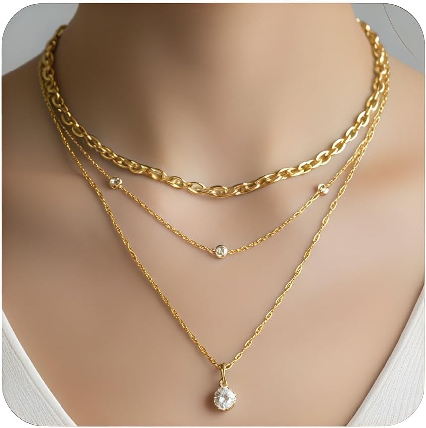 Sparkling Diamond Pendant Gold Necklace | Exquisite And Simple Stacking Necklace For Women.Three-layered Necklace with Perfect For Everyday Wear