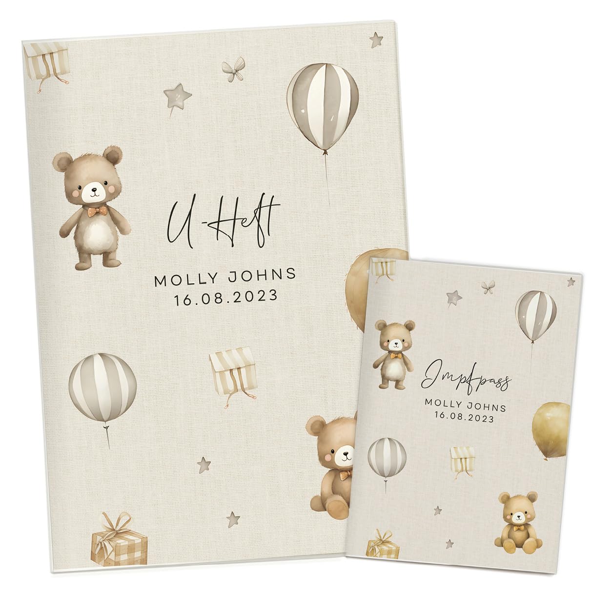 NORDEULE® U-Hefthülle mit Zusatzfach und Impfasshülle Set personalisierbar mit Name Datum in Beige | Schutzhülle mit Aquarell Bären Luftballons (Molly Beige, U-Heft m. Zusatzfach & Impfpasshülle)