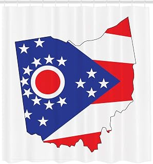 Lunarable Ohio Shower Curtain, Buckeye State Outline Map with Flag 17 Stars Circle and Triangle, Cloth Fabric Bathroom Decor Set with Hooks, 105" Extra Wide, Blue White and Vermilion