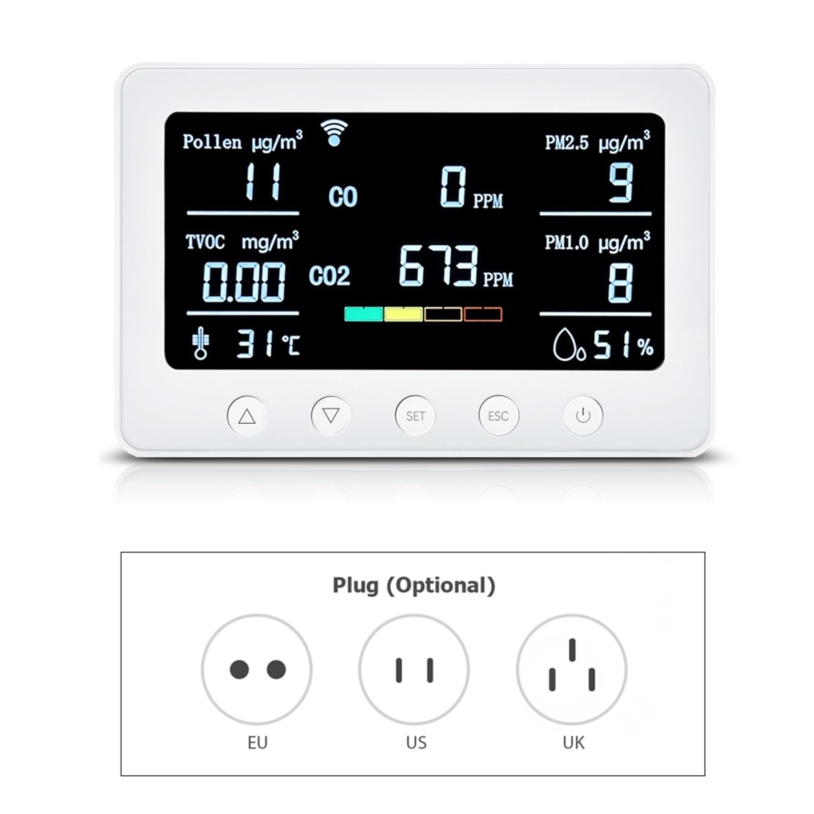 Rilevatore di gas, Monitor WiFi della qualità dell'aria Misuratore di temperatura e umidità 8 in 1 con sensore Smart Tuya NDIR di allarme