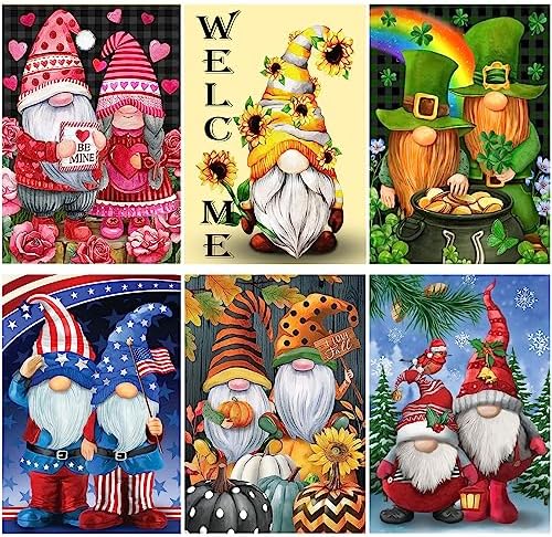 AIMOOYI 6 Pack Diamond Painting Kits for Adults, Gnome Diamond Art Kits Full Drill Round Rhinestone Diamond Painting by Number Kits Accessories for Home Wall Decor Art Craft Gifts