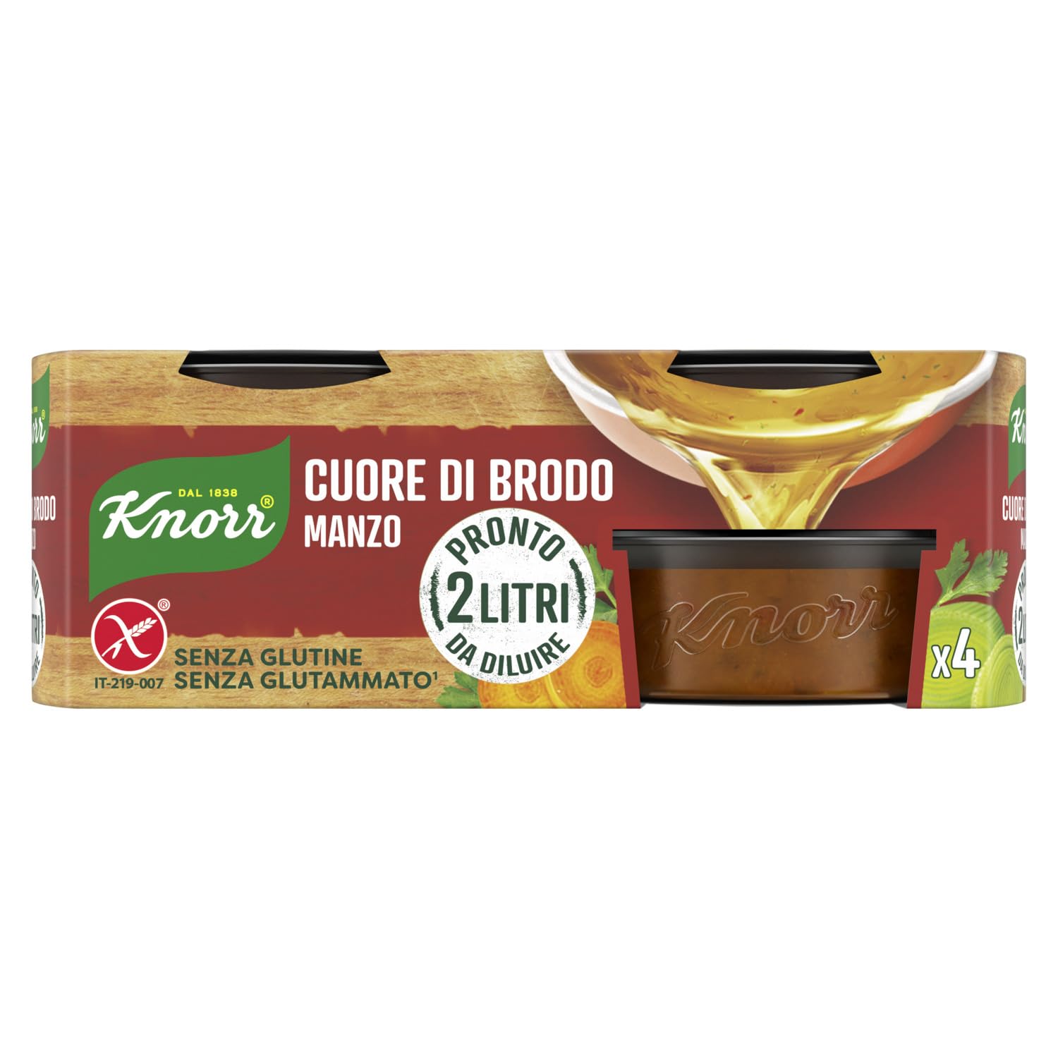Knorr Cuore di Brodo Manzo, Brodo Pronto con Ingredienti Naturali e Verdure da Agricoltura Sostenibile, Senza Glutine e Basso Contenuto di Grassi, 4 Vaschette da 28g Manzo Single