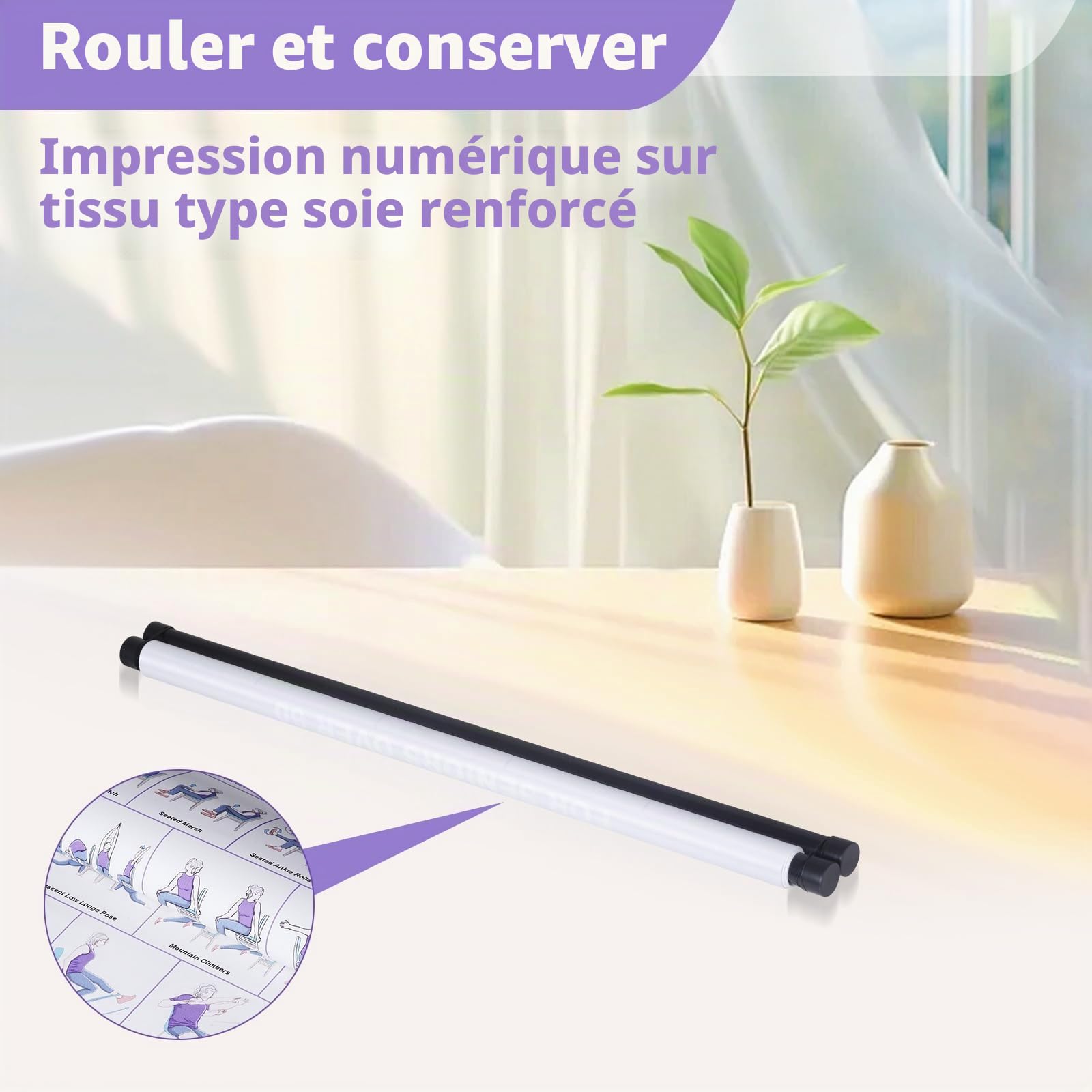 Affiche de yoga sur chaise pour seniors et débutants – tableau mural de yoga en tissu avec barres de suspension – affiche suspendue pour sport maison et mobilité douce, Guide d'activités d'étirement