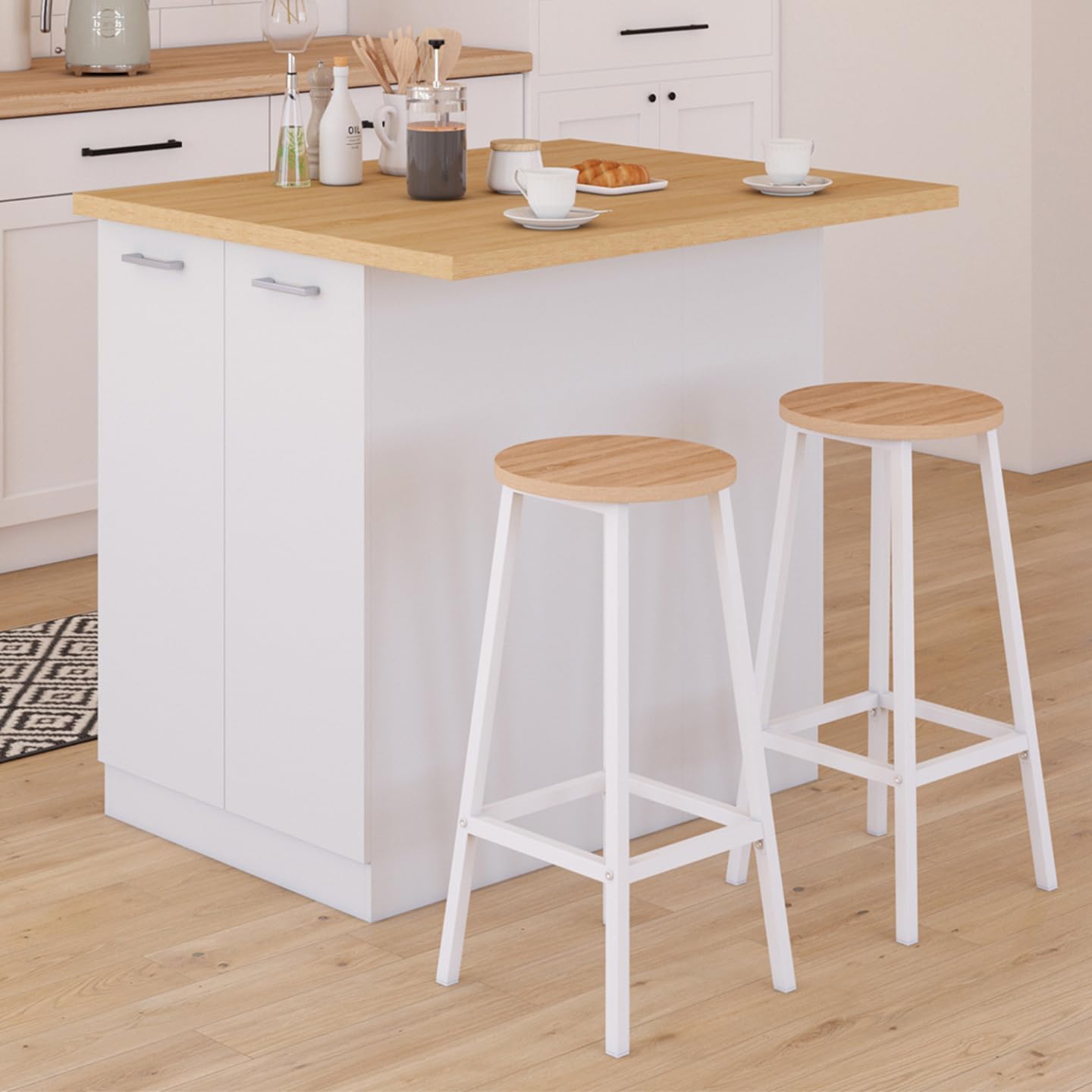 IDMarket - Ilot Central IVO 100 cm Blanc avec Plan de Travail façon hêtre
