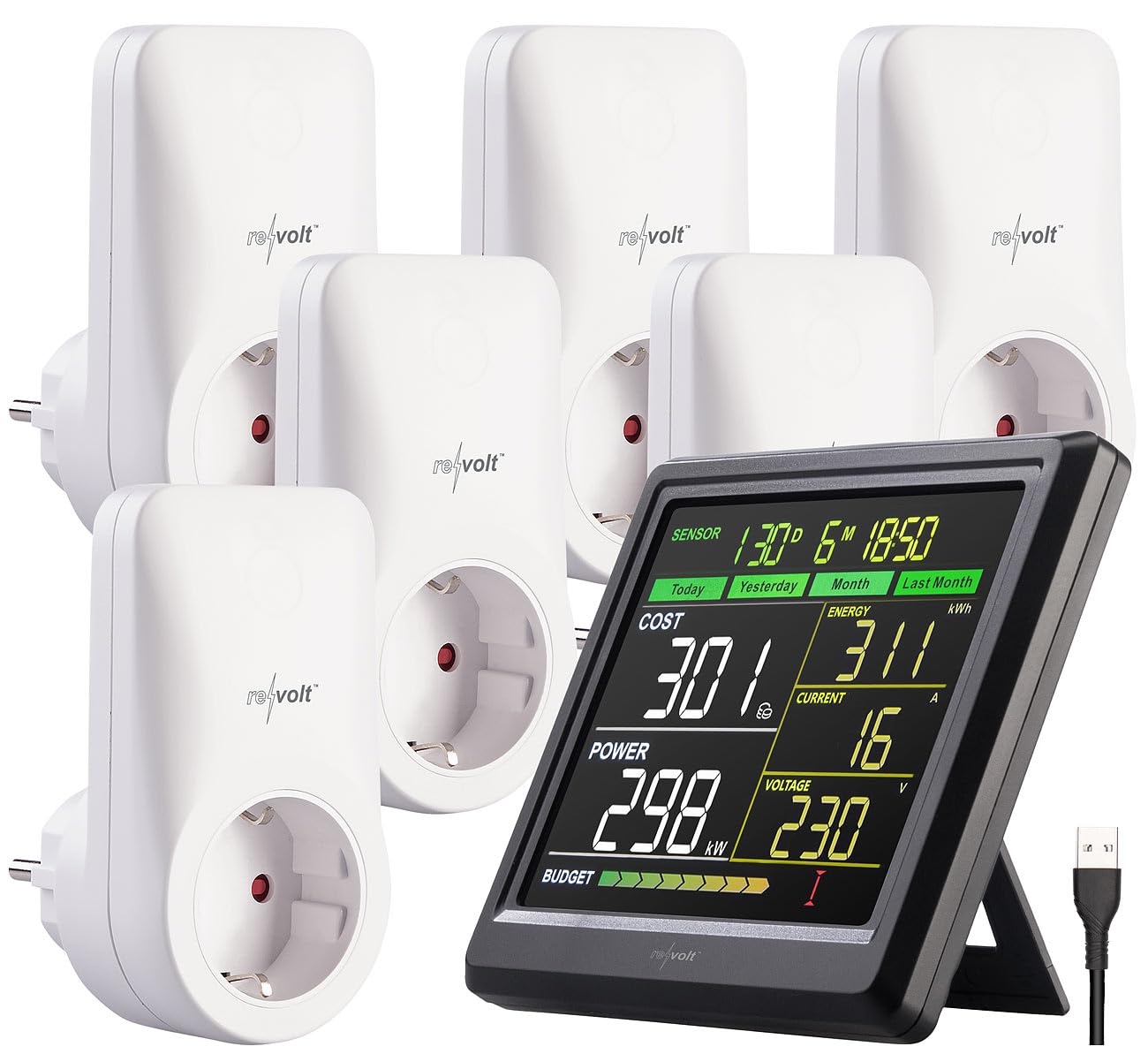 revolt Leistungsmessgerät: Funk-Energiekosten-Messer, inklusive 6 Steckdosen, externes Display (Digitaler Energiekostenmesser, Digitaler Stromzähler Steckdose, Zähler)