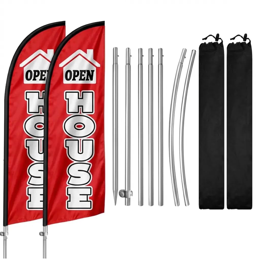 Photo 1 of 2 Pack Open House Flags, 8FT Open House Signs for Real Estate with Flagpole Kit, Ground Stake, Open House Banner for Events, Advertising, Indicators, Outdoor Advertising