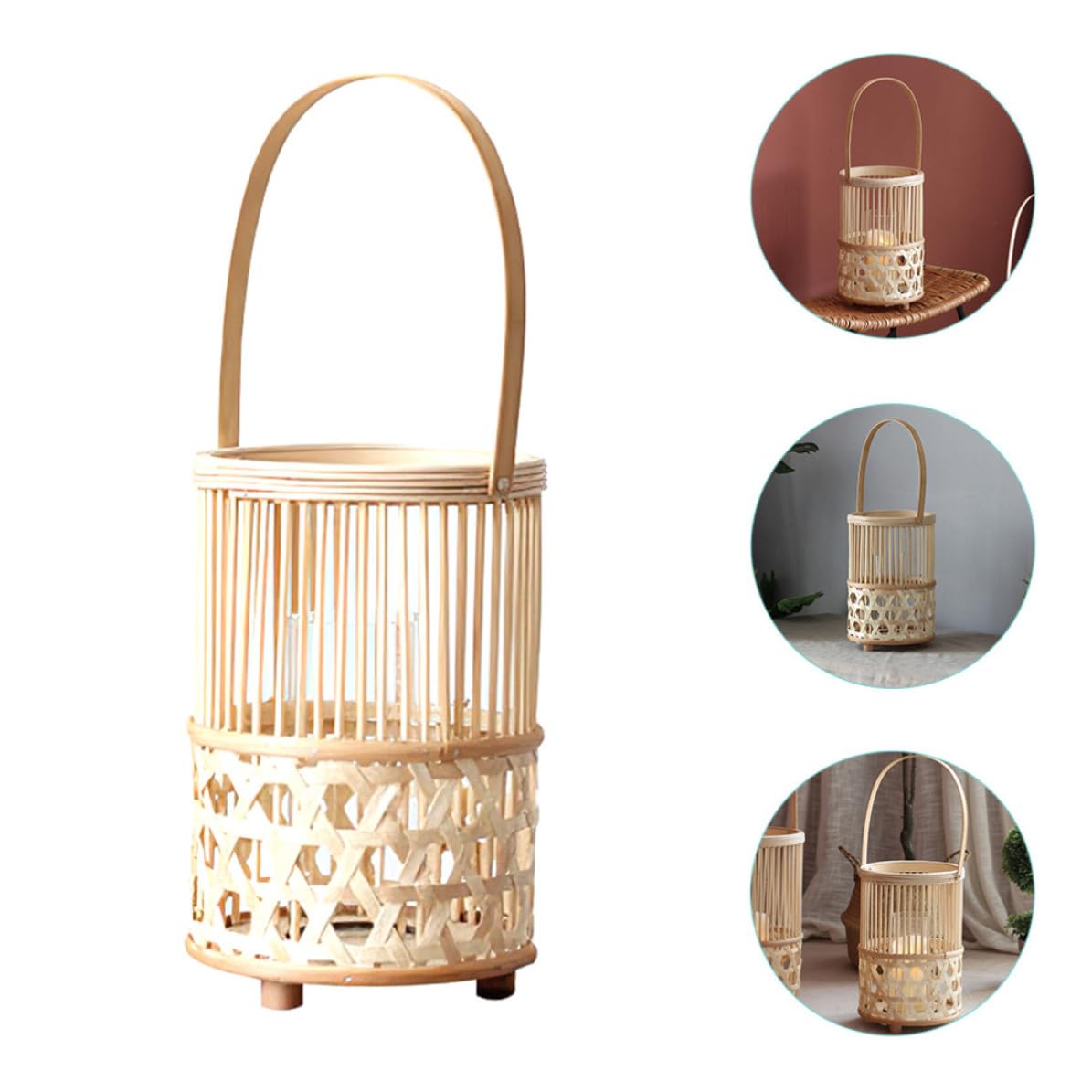 Bambusgeflecht Windlicht Dekorative Laterne und Glas Khaki | Tragbar, für Kerzenlicht Dinner und Party, Elegant Retro Chic