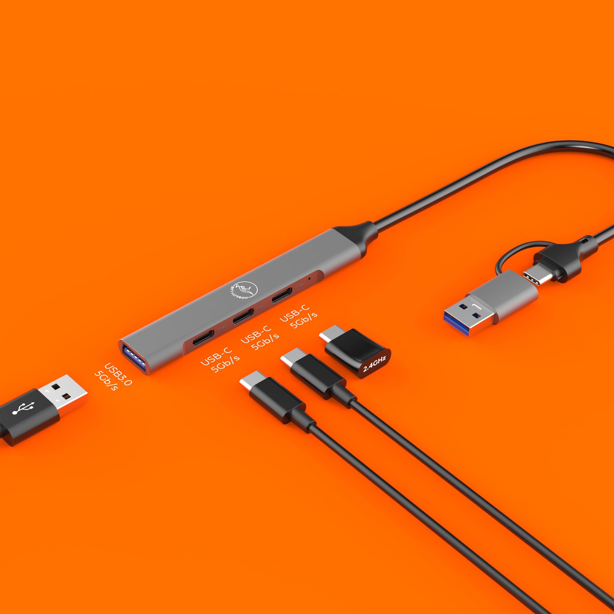Mobility Lab - Hub 2 en 1 en USB o USB-C - 3 Puertos USB-C y 1 Puerto USB - Diseño Muy Delgado - Transferencia de Datos ultrarrápida - Compatibilidad con macOS y Windows