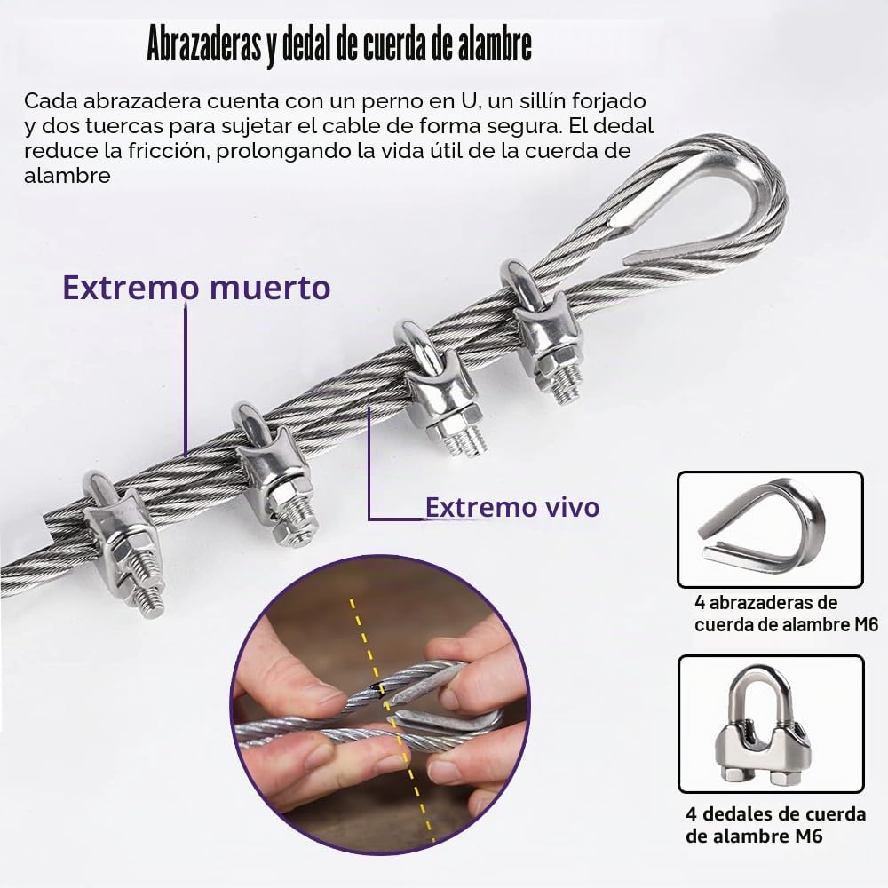 Cable Acero 6mm, 23m Cable de Acero Inoxidable, 7 x 19 Hebras Cable Principal Zipline con 4 Abrazaderas y 4 Dedal, para Teleféricos, Luces para Exteriores
