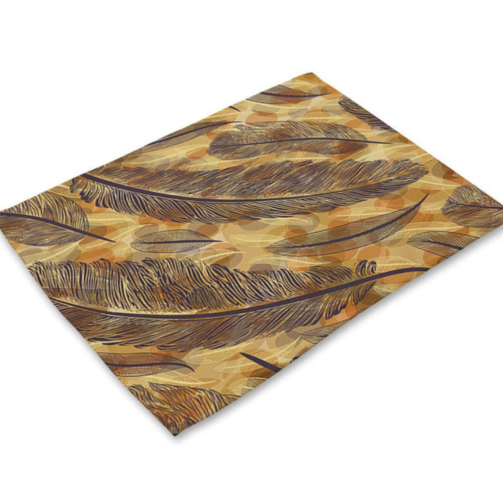 Lonfenner Table Mat,Cotton Linen Upholstered Placemat Brown Feather Printed 3D Table Mat Coaster Non-Slip Anti-Slip Washable Hotel Restaurant Kitchen Fashion Placemat[6PCS]