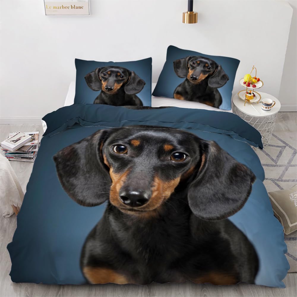 ROUSKI Bettwäsche Dackel 135x200 cm 2teilig 100% Mikrofaser Kinderbettwäsche Süßer Dackel Wendebettwäsche mit Reißverschluss 3D Motiv Zimmer Dekor Bettwäsche-Sets mit Kissenbezüge 80x80