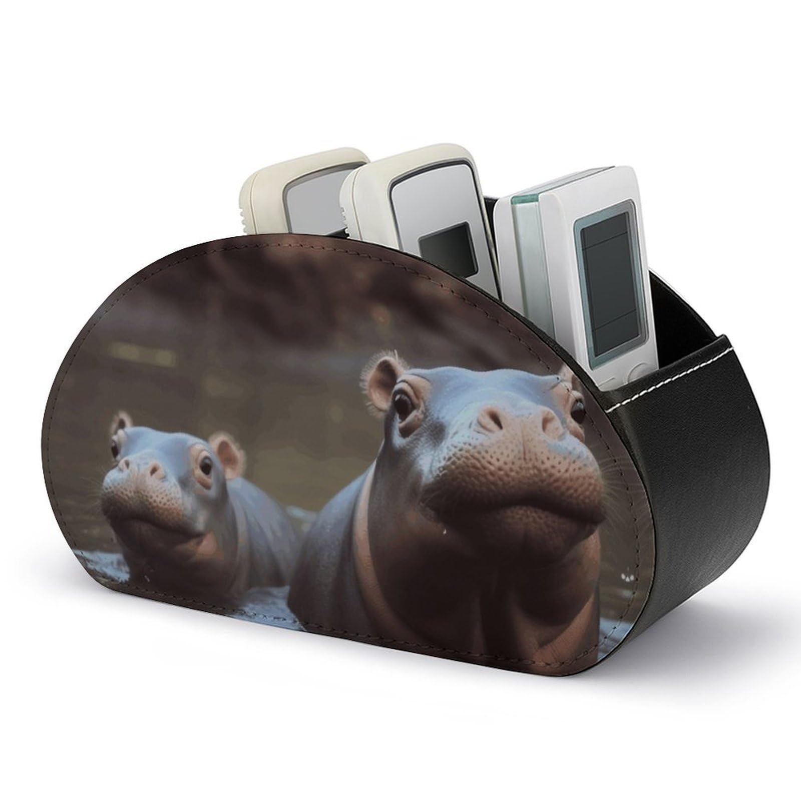 VstaDank Hippos Remote Control Holder with 5 Compartments PU Leather Remote Caddy Desktop Organizer Store TV Remote Control Storage Box for Home Office Desk Nightstand