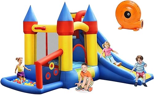 Miniatura 10 de BOUNTECH Tobogán acuático inflable, casa de rebote de agua con toboganes acuáticos para diversión en el patio trasero de los niños con tobogán largo