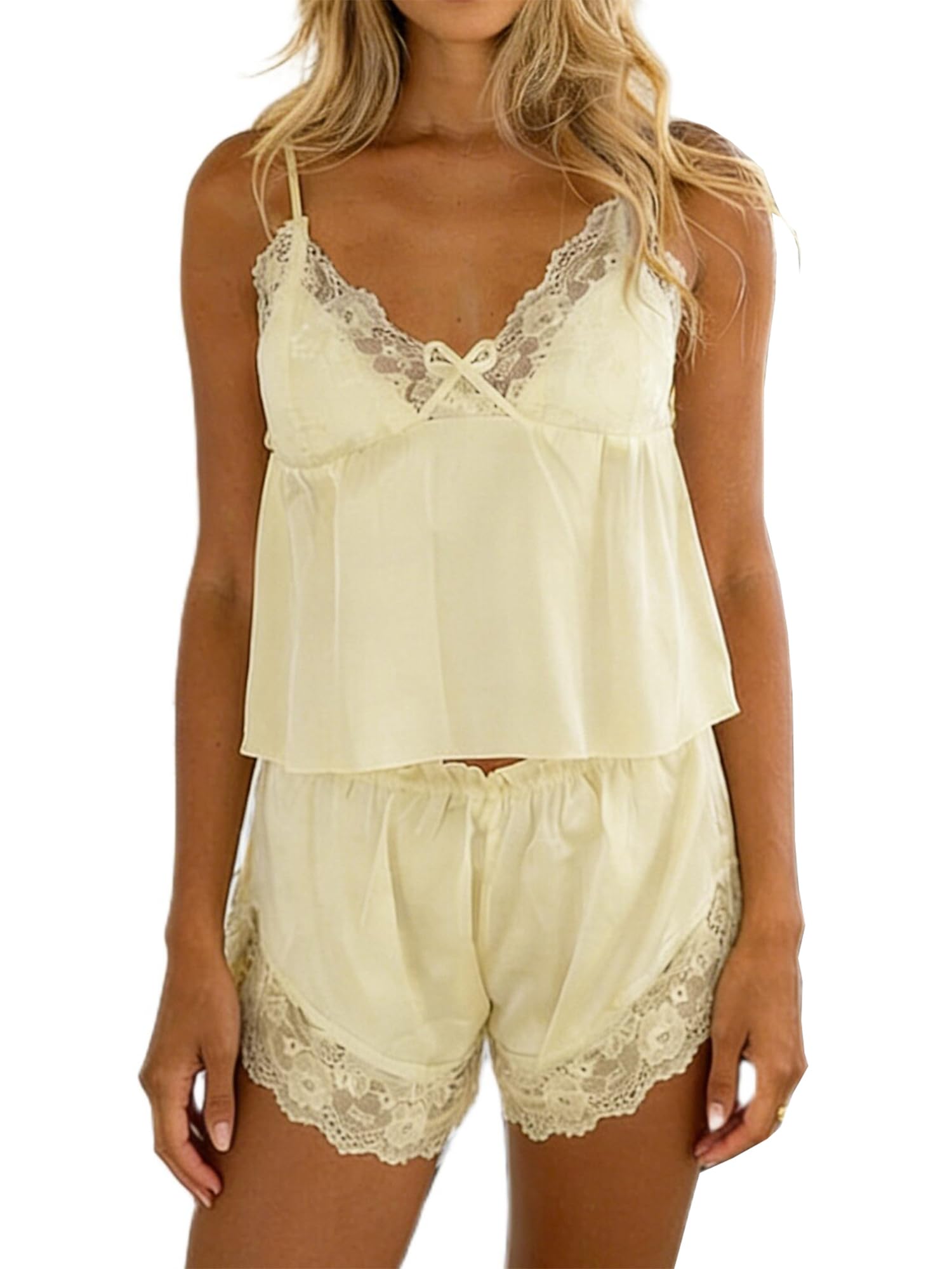 GXNRHG Ensemble Pyjama en Satin avec Bordure en Dentelle pour Femmes, Haut Court sans Manches et Short de Pyjama, vêtements de Nuit Sexy et Confortables