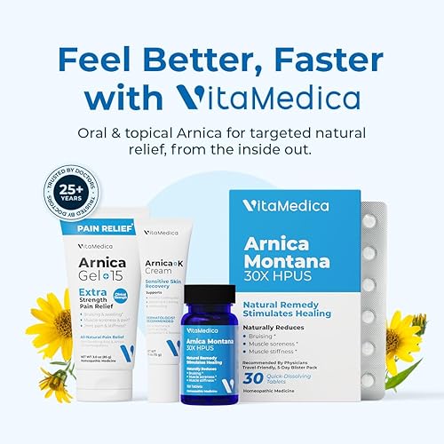 Miniatura 7 de VitaMedica Arnica Montana 30X - Tabletas homeopáticas para dolor e hinchazón de moretones, fórmula a base de plantas, recomendada por cirujanos