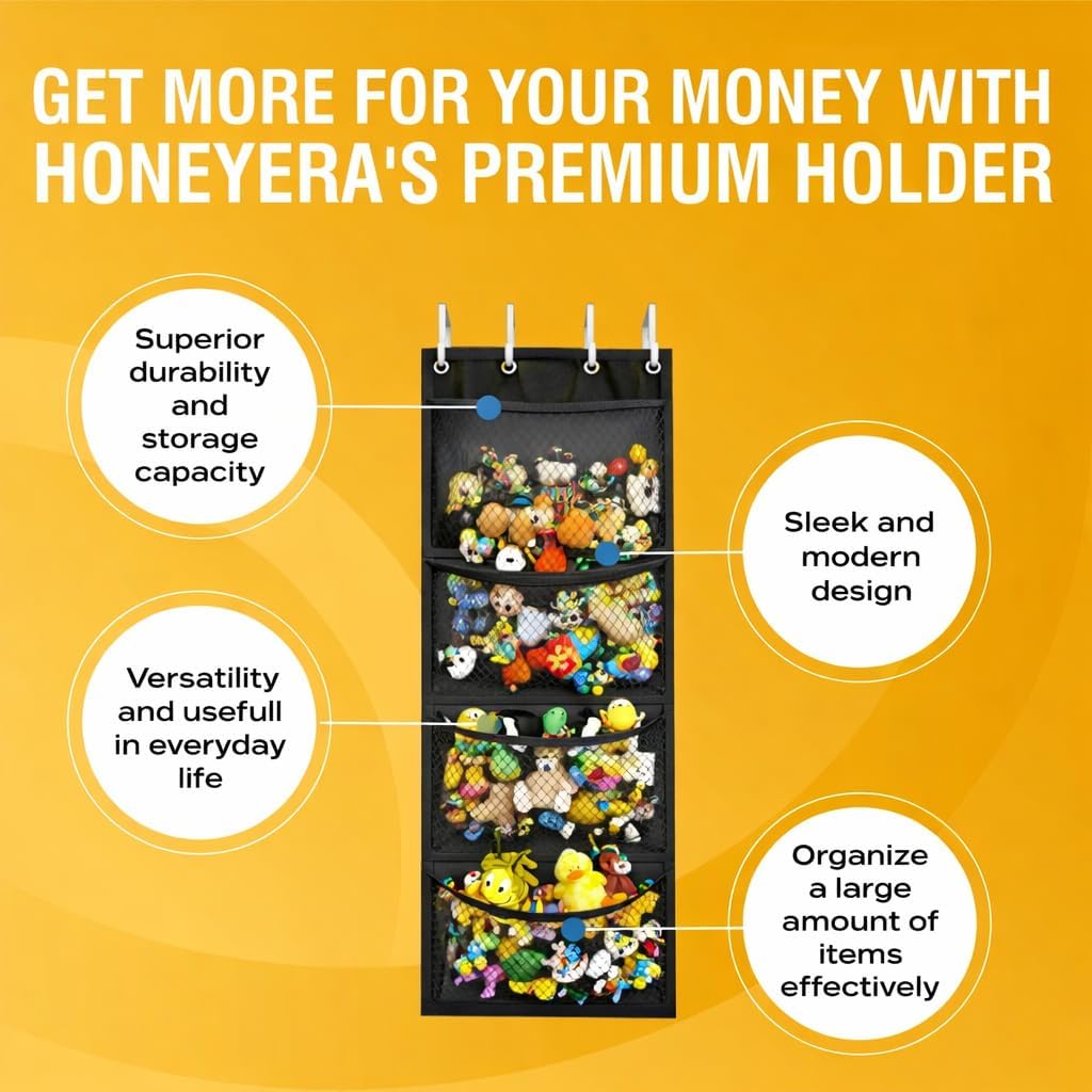 Honeyera The Original Stuffed Animal Storage (Patented) - Over Door Organizer for Stuffies, Toy Plush/Hammock Baby Hanging Storage Net Big Girls Toddler Large Bag Animals (Black)