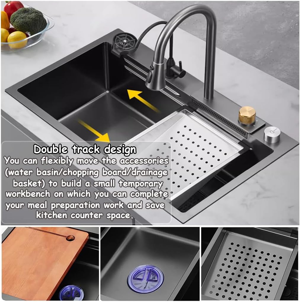 Black Stainless Steel Nano Undermount/Drop in Waterfall Single Bowl Kitchen Sink With Pull-Out Faucet,Knob Control Workstation Sink Cup Washer,Drainage Basket & Accessories (33.5 * 17.7 * 8.3in)