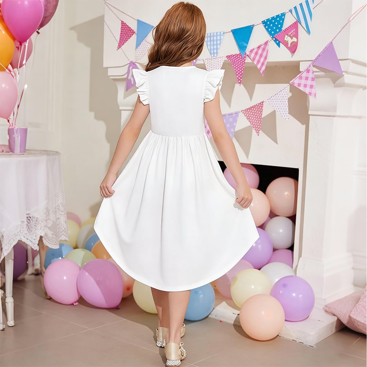 Vestido Niña Casual Corte A Dobladillo Asimétrico con Bolsillos Cuello Redondo Color Liso Elegante Vestidos para Fiesta - 5