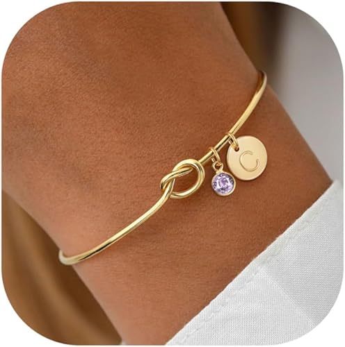 KOHOTA Initial Birthstone Gold Bracelets for Women Tie the Love Knot Cuff Bangle