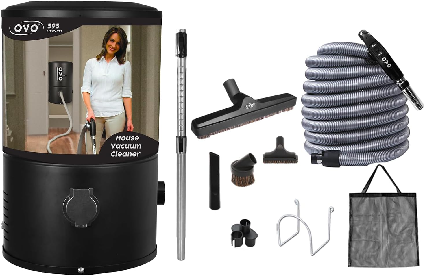 OVO, 595 AW, Portable vacuum system ( NO PIPING REQUIRED), Easy to Move, Lightweight, Use with disposable filtration bags only Covers up to 1600 sq.ft, 18L or 4.75gal with 40 ft Deluxe Access Vac + Deluxe Kit