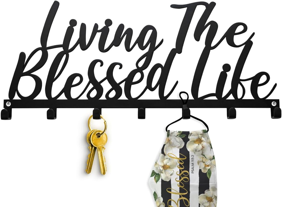 African American Expressions – Living The Blessed Life Metal Home Wall Organizers for Keys, Masks, Kitchen Accessories (12" W x 5.25" H x 0.75" D) KH-02
