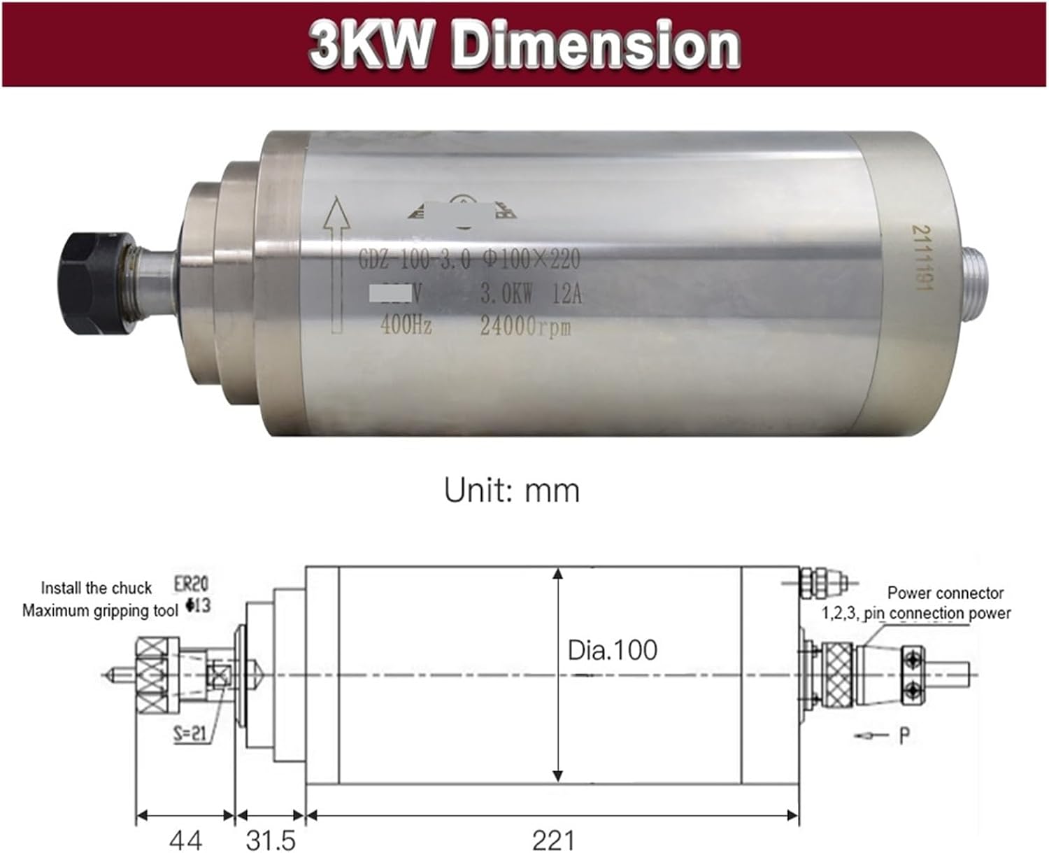 3KW water-cooled spindle motor kit chuck ER20 380V 7A 220V 12A(3 Bearings,3KW 220V)